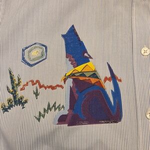 Las Olas Southwestern Shirt Womens Large Blue White Pinstripe Coyote Cactus NWOT